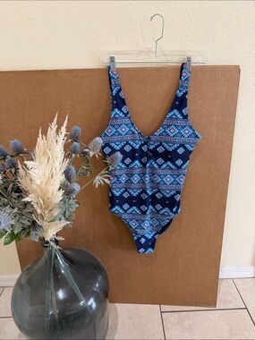 Aerie Pique Henley One Piece Full Coverage Blue Pattern Swimsuit Sz Xl